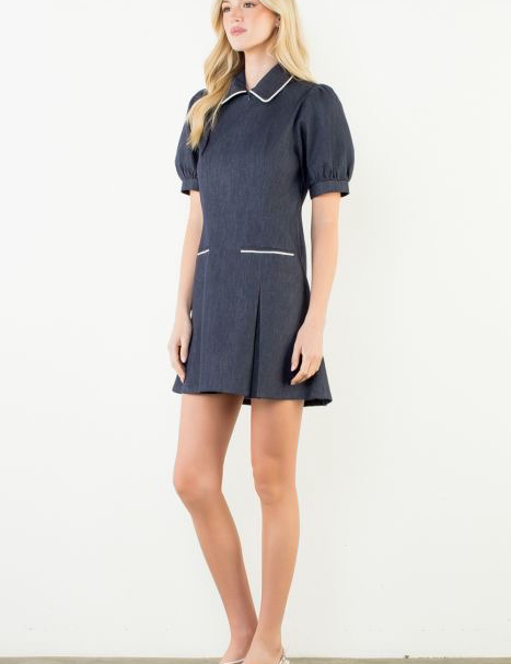 Puff Sleeve Collared Denim Mini Dress