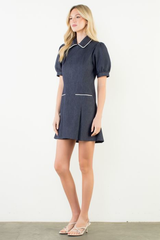 Puff Sleeve Collared Denim Mini Dress