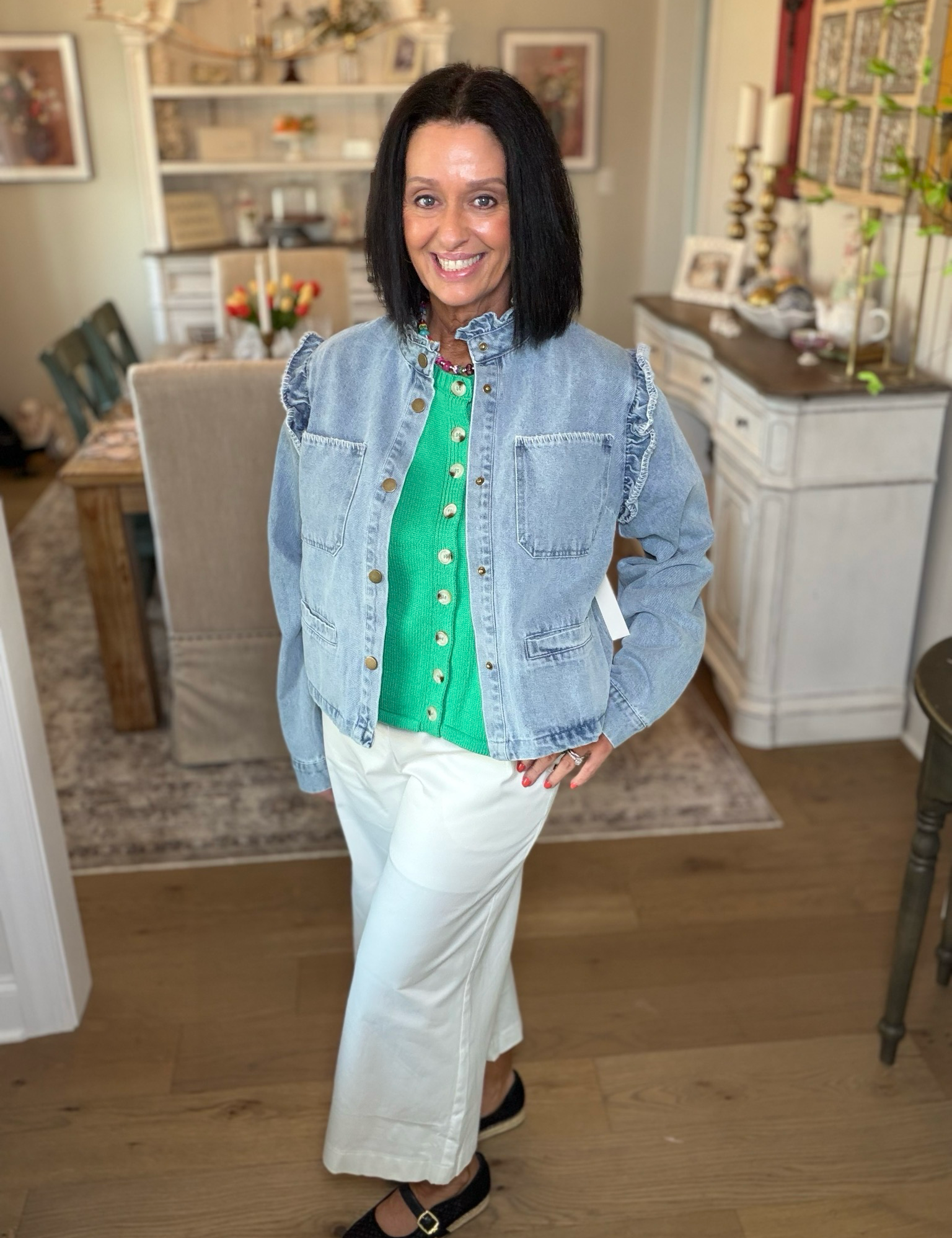 Ruffle Trim Washed Denim Jacket