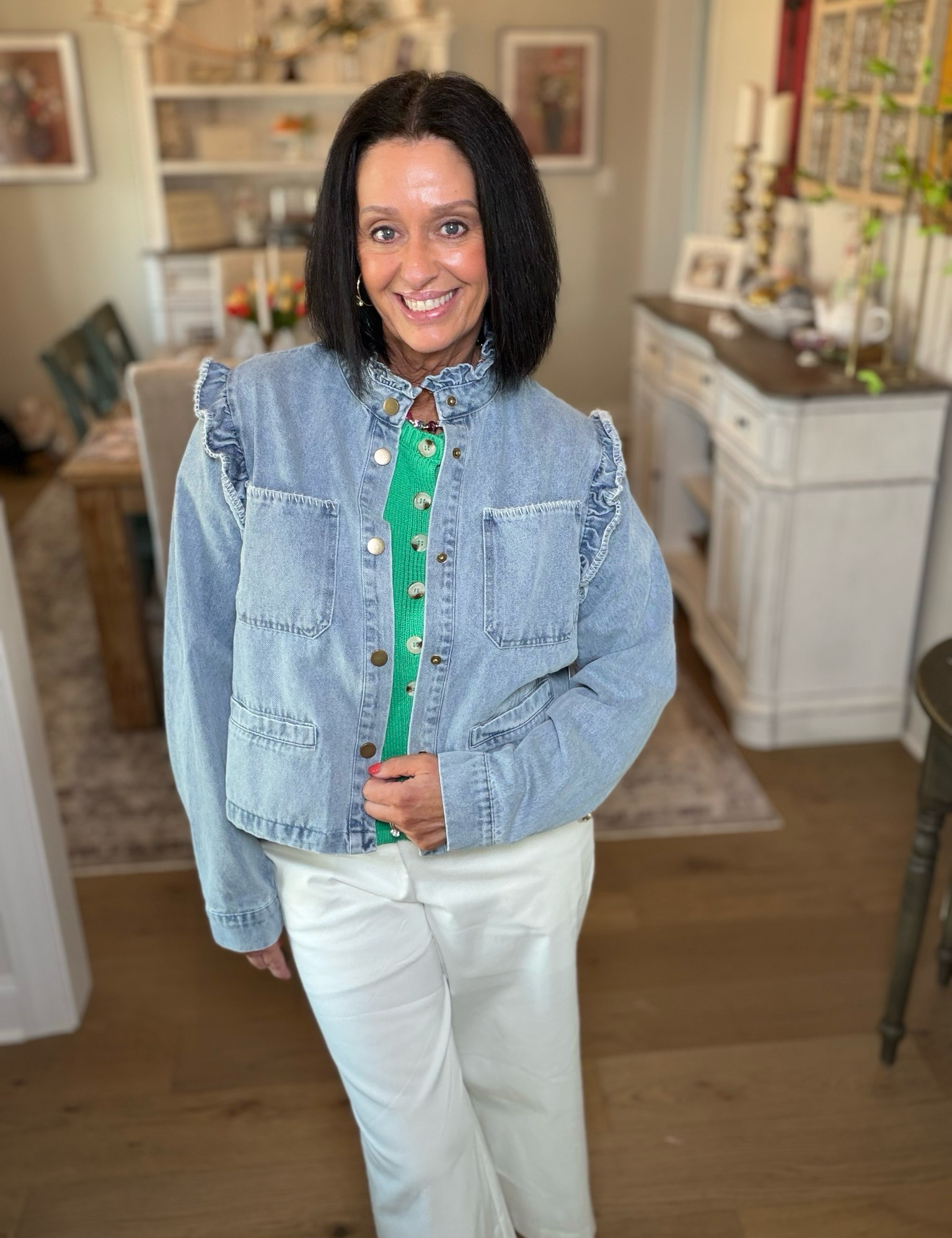Ruffle Trim Washed Denim Jacket