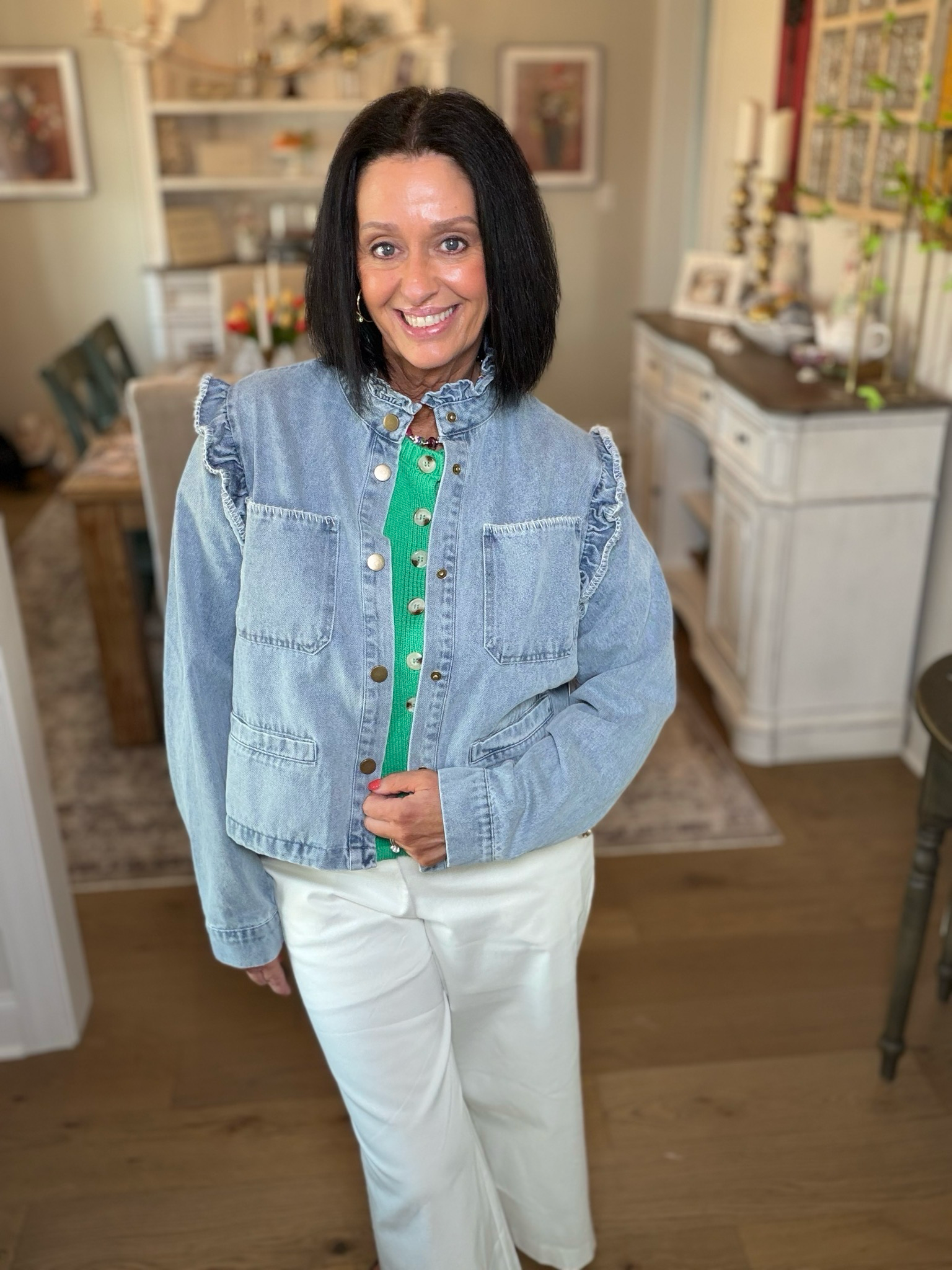 Ruffle Trim Washed Denim Jacket