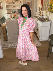 Pink Floral Tiered Midi Dress