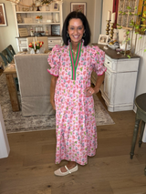 Pink Floral Tiered Midi Dress