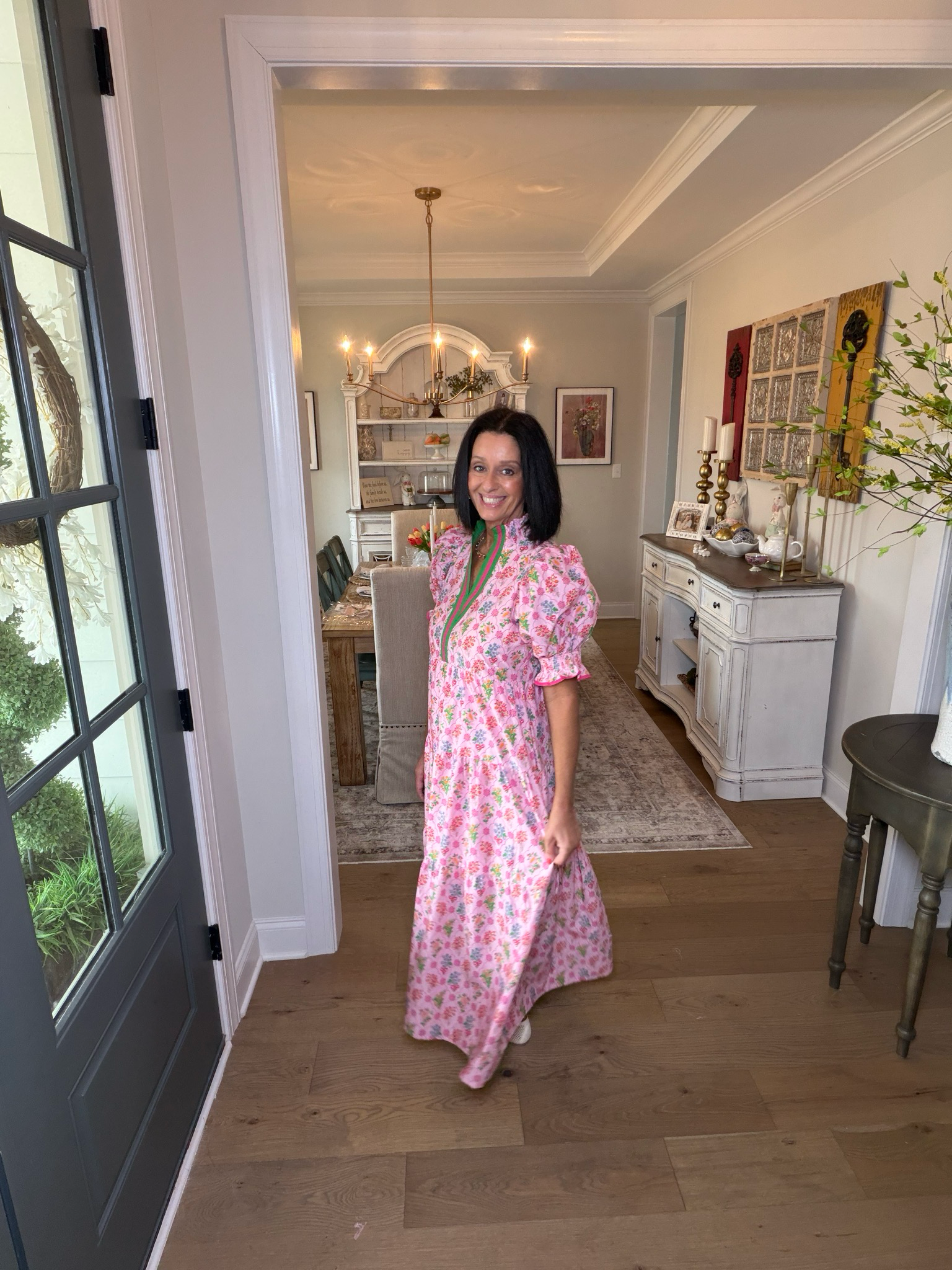Pink Floral Tiered Midi Dress