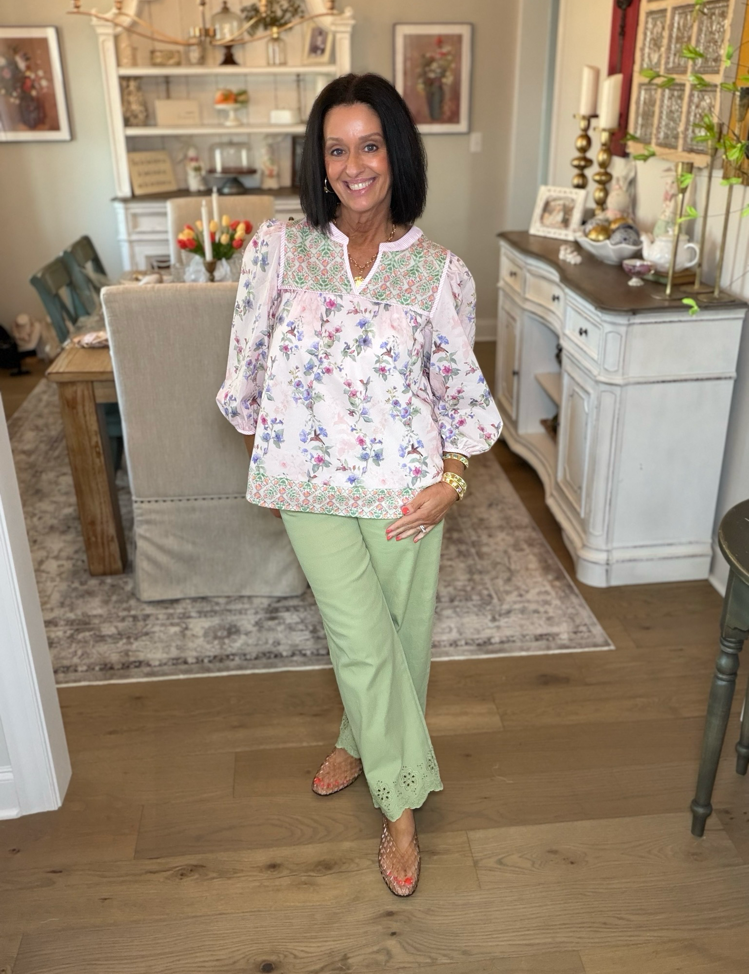 Pink Floral & Hummingbird Print Boho Blouse