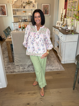 Pink Floral & Hummingbird Print Boho Blouse