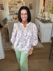 Pink Floral & Hummingbird Print Boho Blouse