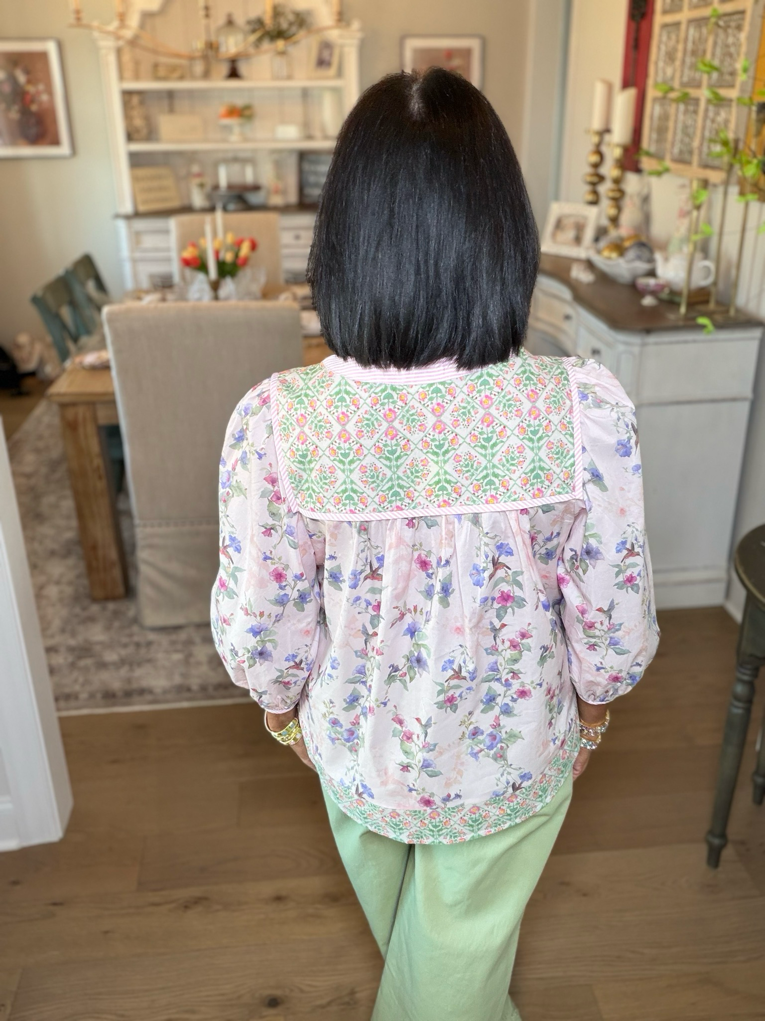 Pink Floral & Hummingbird Print Boho Blouse