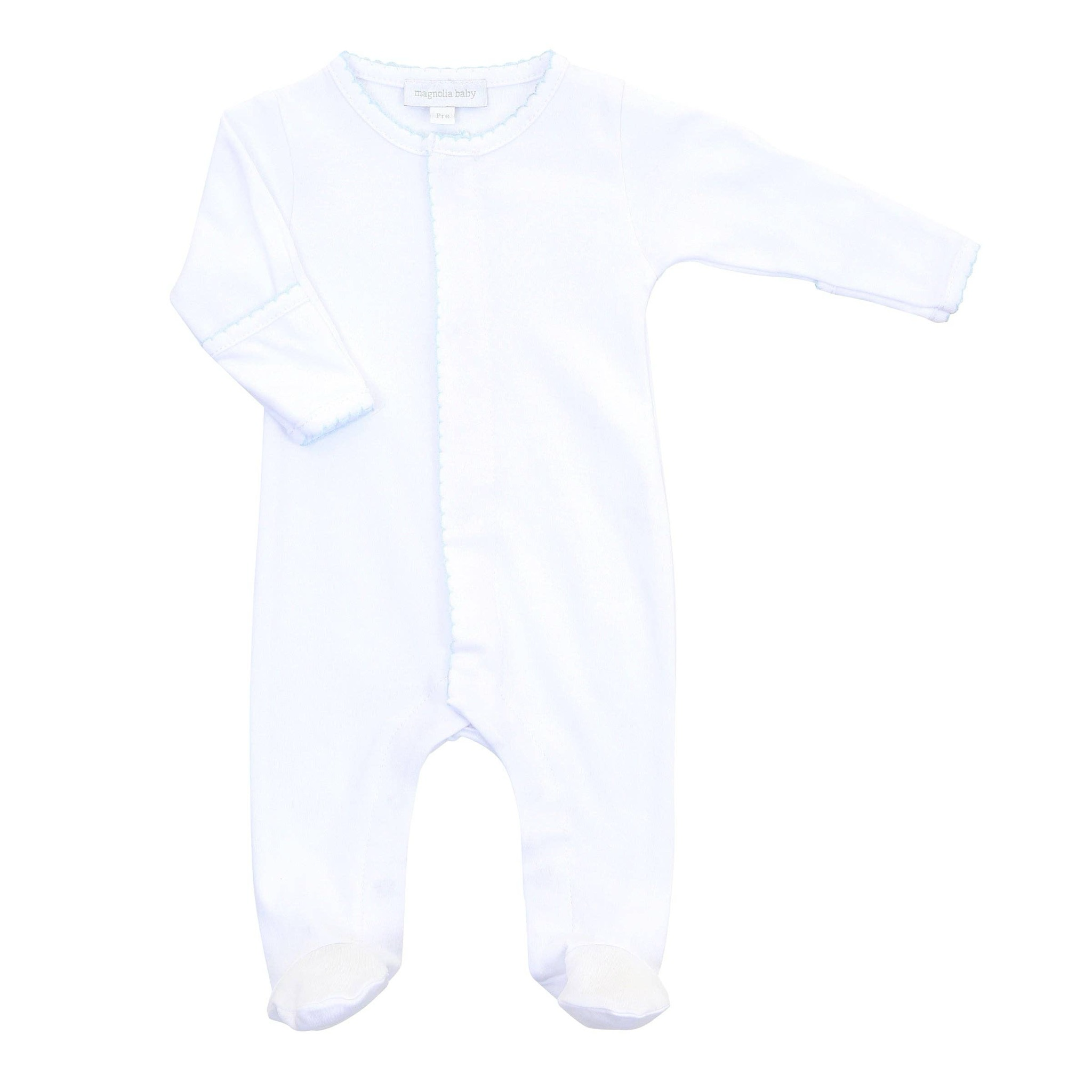 Mgnolia Baby Solid White Footie with Light Blue Trim
