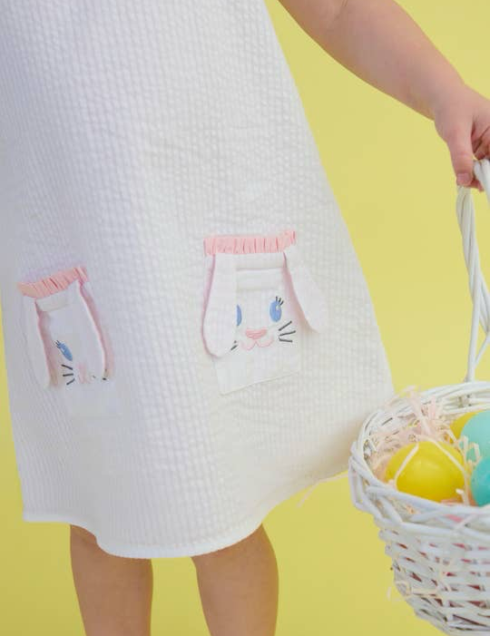 Rufflebutts Girls Pink Bunny Ears Seersucker Ruffle Pocket Dress