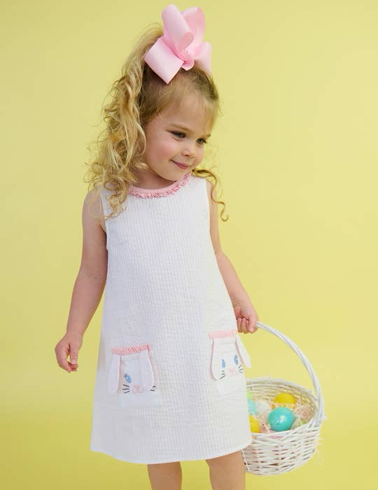 Rufflebutts Girls Pink Bunny Ears Seersucker Ruffle Pocket Dress