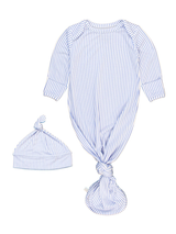 RuggedButts SoftSnooze™ Baby Boys Bamboo Viscose Periwinkle & White Micro Stripe Knotted Sleep Gown & Hat Set