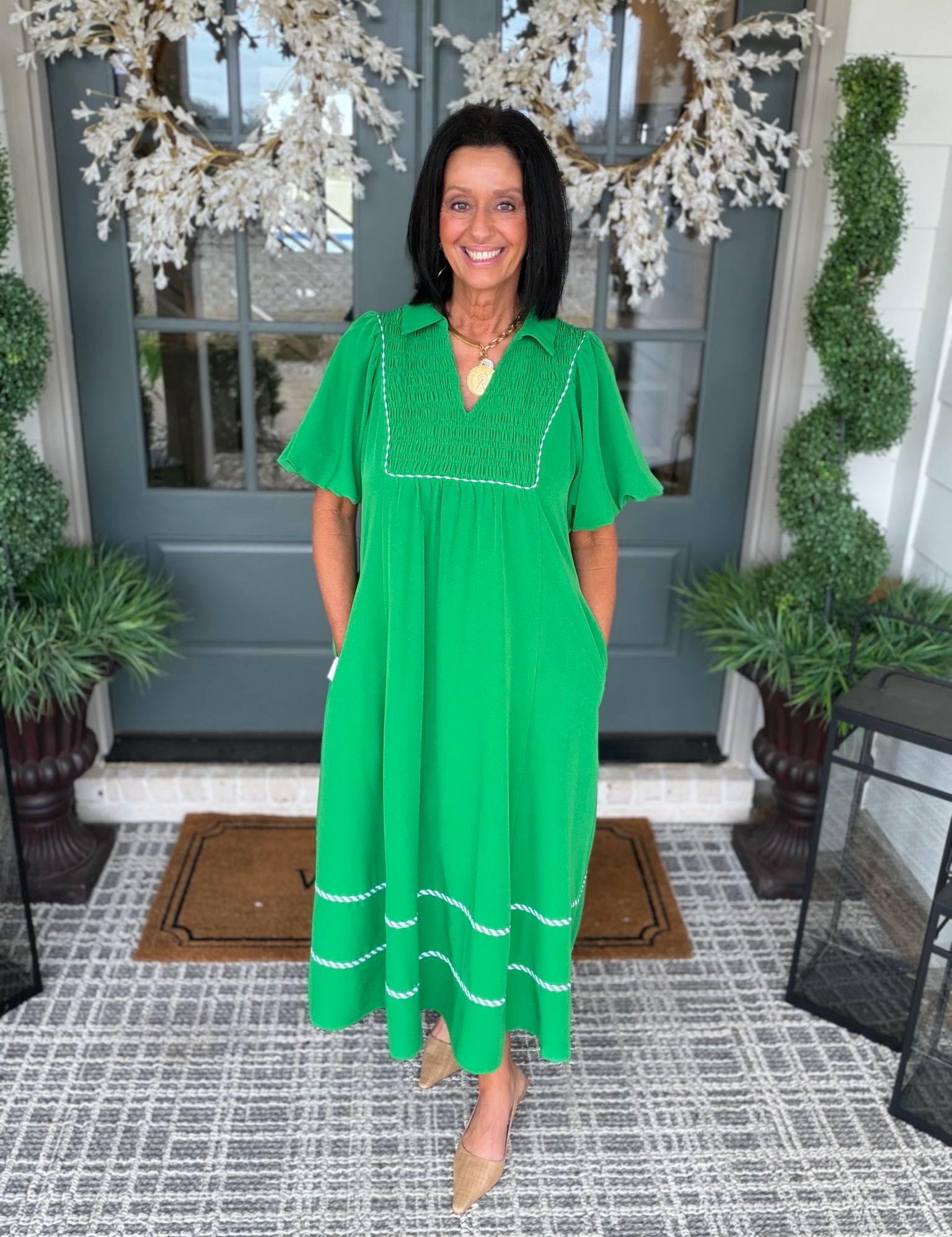 Green Puff Sleeve Midi Dress