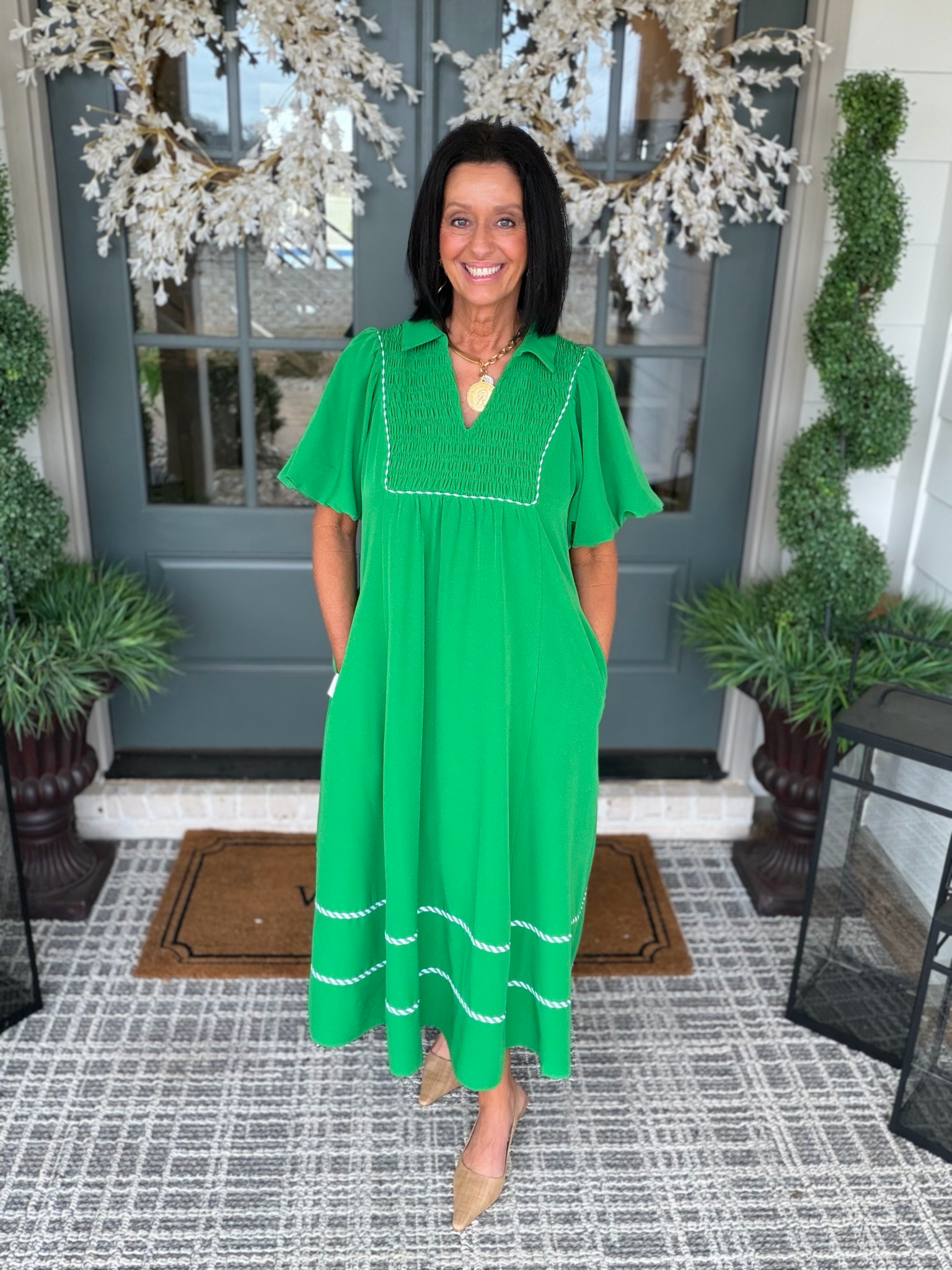 Green Puff Sleeve Midi Dress