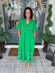 Green Puff Sleeve Midi Dress