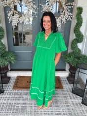 Green Puff Sleeve Midi Dress