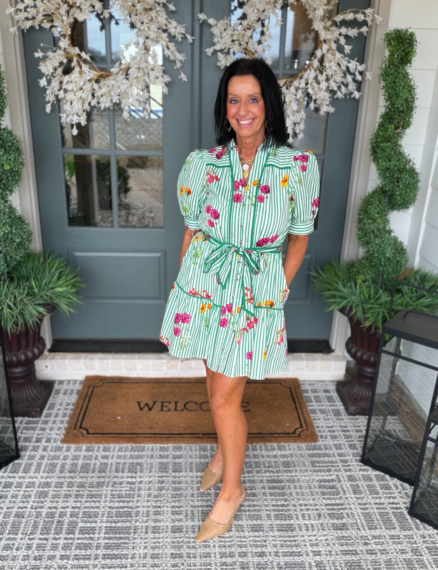 Entro Green Stripe Floral Mini Dress