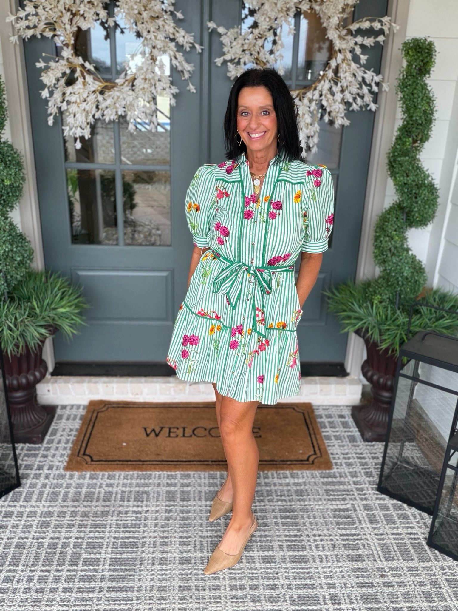 Entro Green Stripe Floral Mini Dress