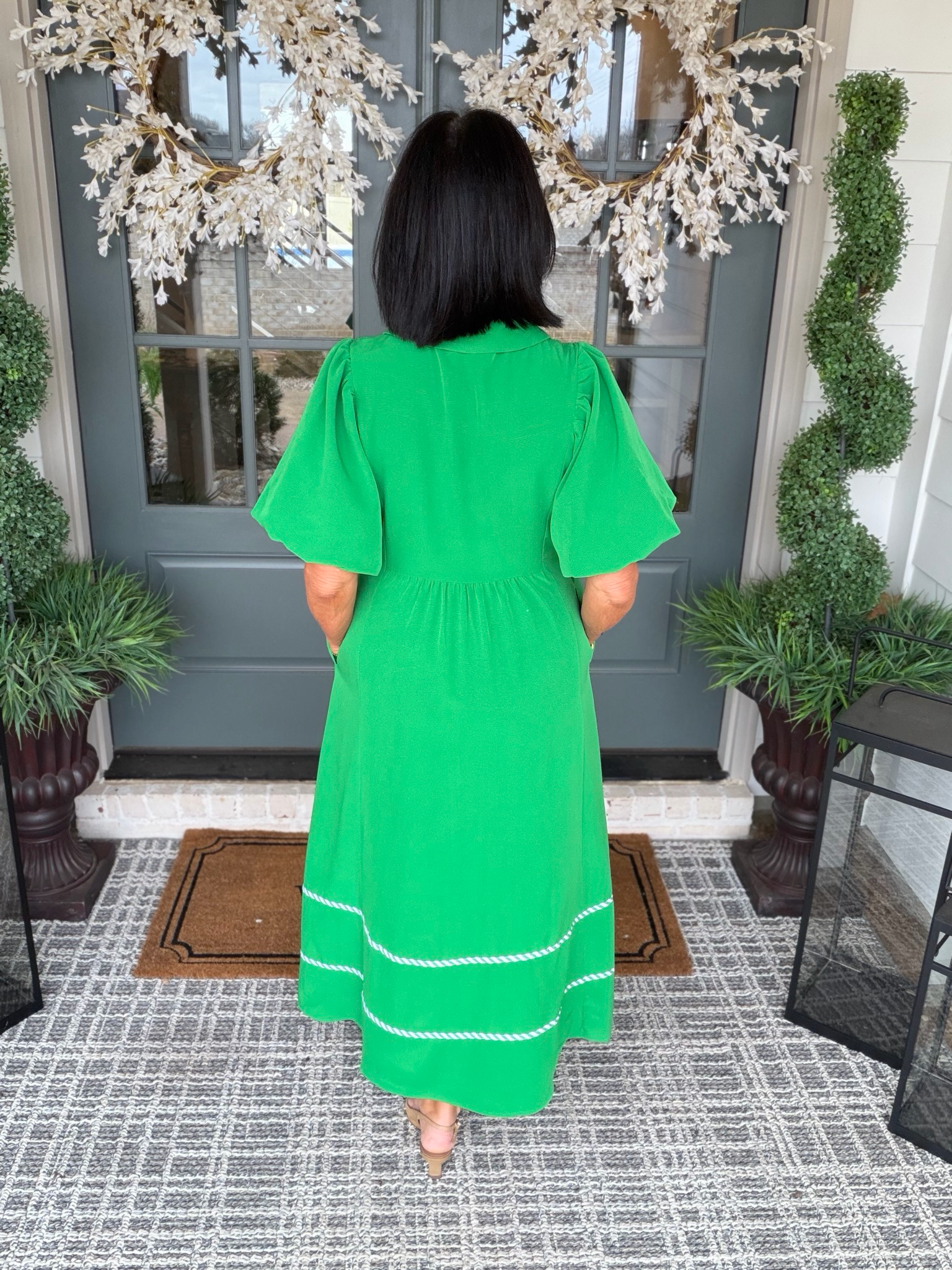 Green Puff Sleeve Midi Dress