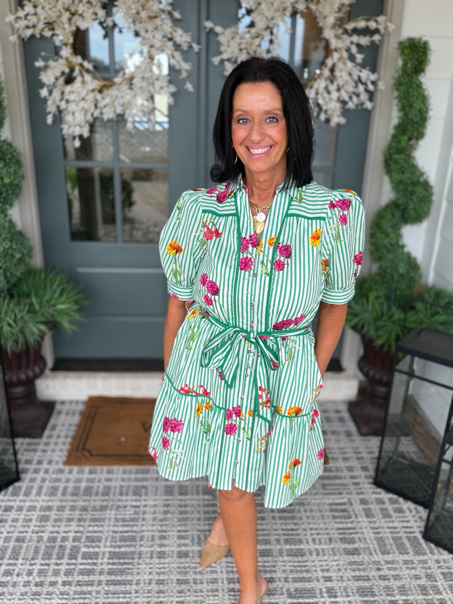Entro Green Stripe Floral Mini Dress