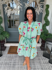 Entro Green Stripe Floral Mini Dress