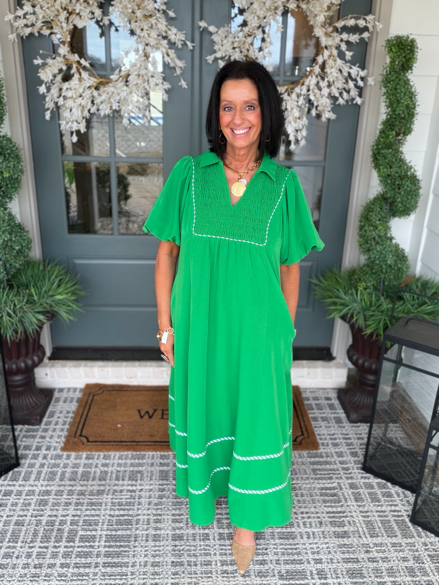 Green Puff Sleeve Midi Dress