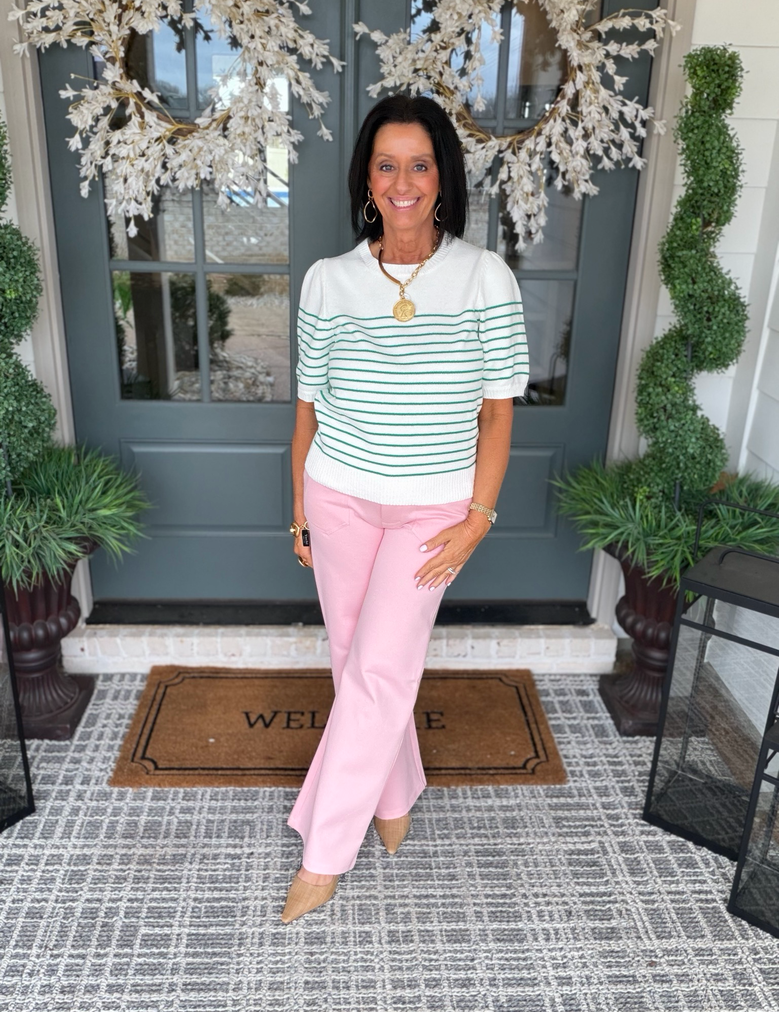 Green Striped Short Sleeve Sweater