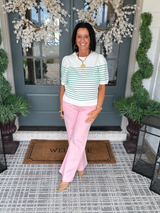 Green Striped Short Sleeve Sweater