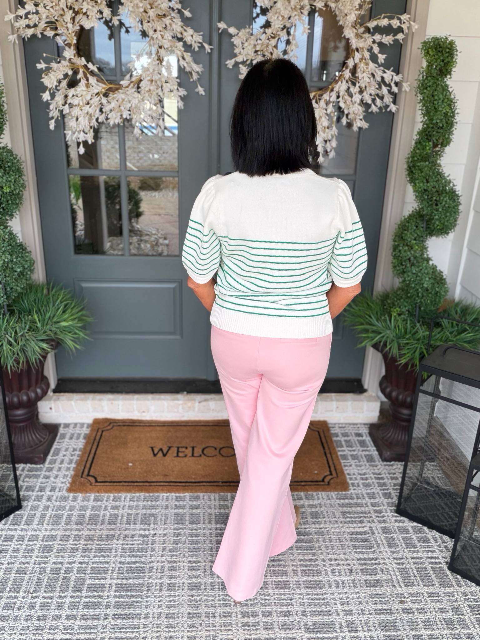 Green Striped Short Sleeve Sweater