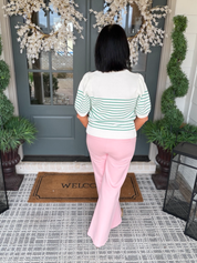 Green Striped Short Sleeve Sweater