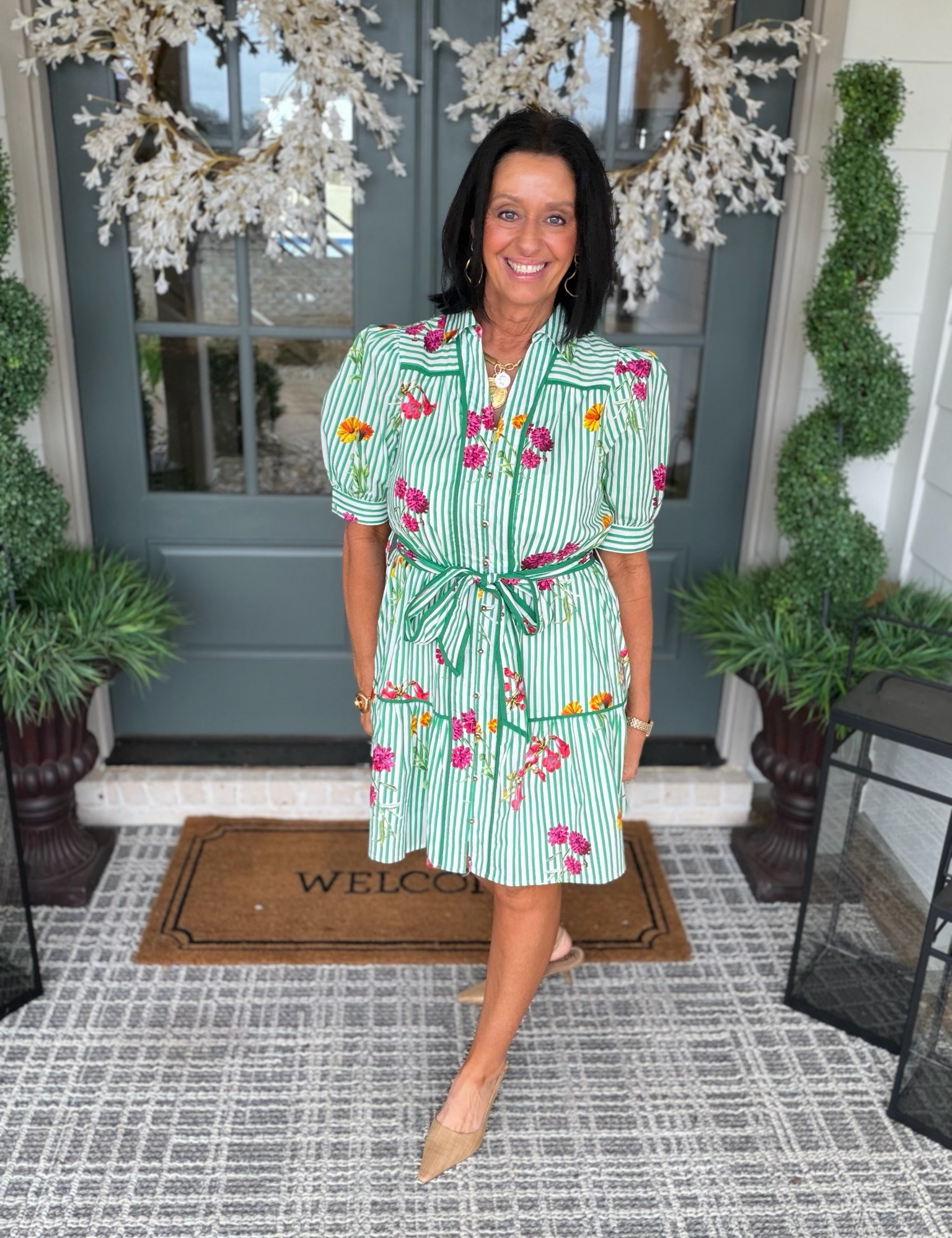 Entro Green Stripe Floral Mini Dress