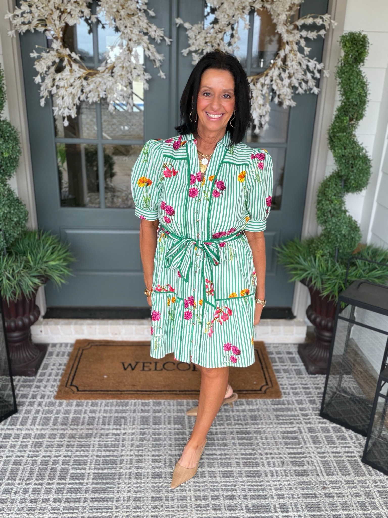 Entro Green Stripe Floral Mini Dress