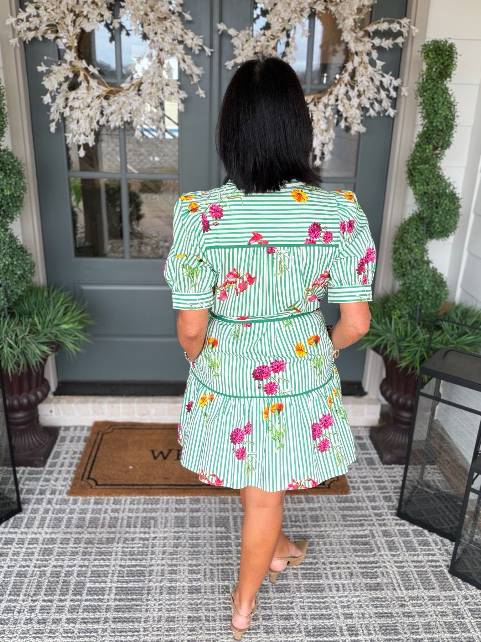 Entro Green Stripe Floral Mini Dress