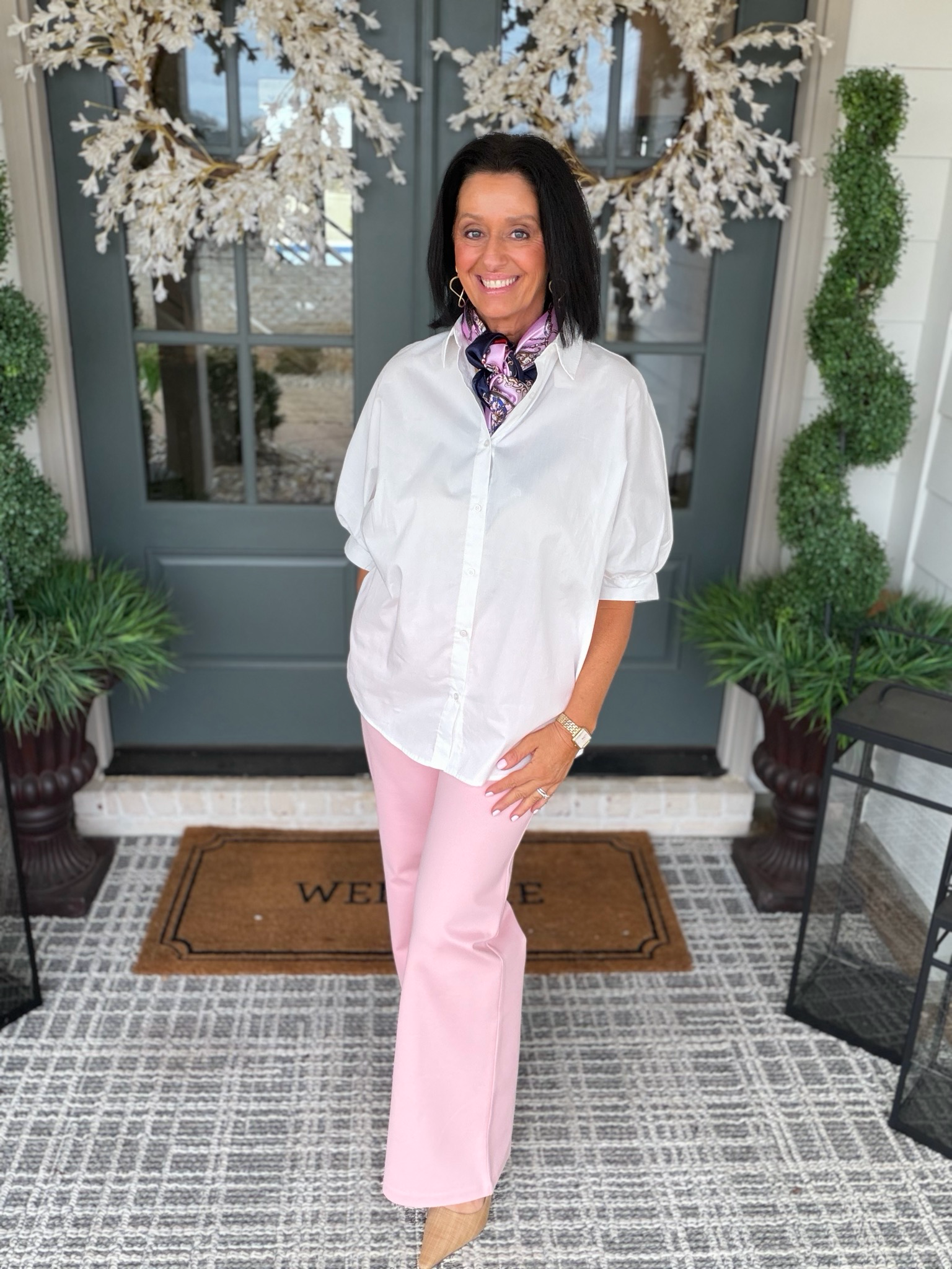 White Poplin Button-up Shirt 3/4 Sleeve
