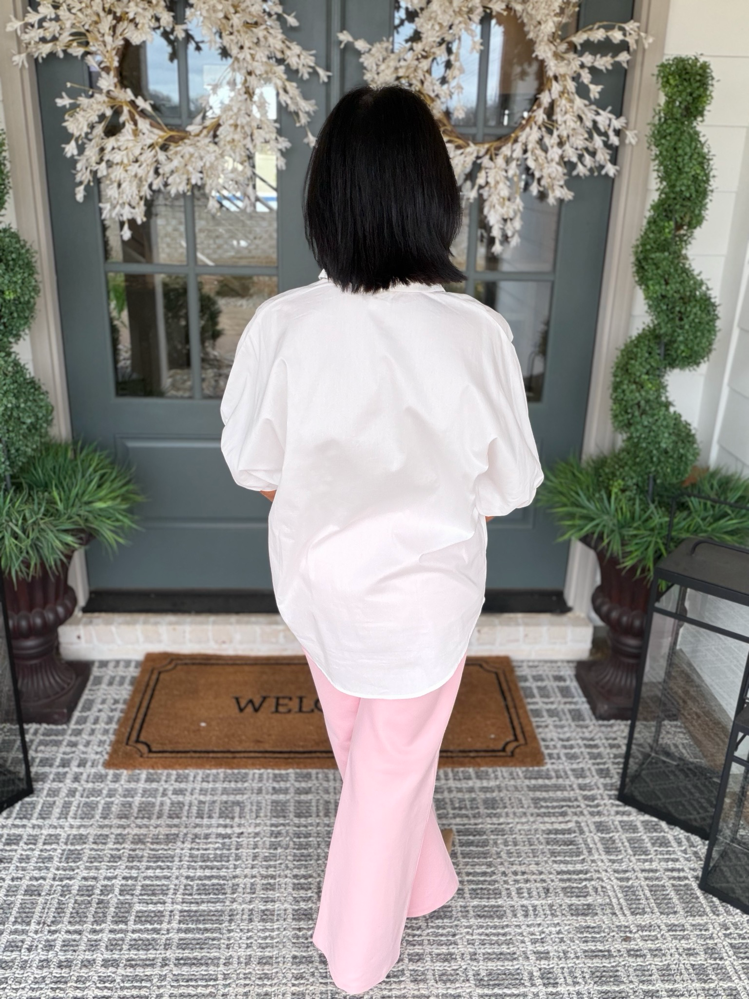 White Poplin Button-up Shirt 3/4 Sleeve