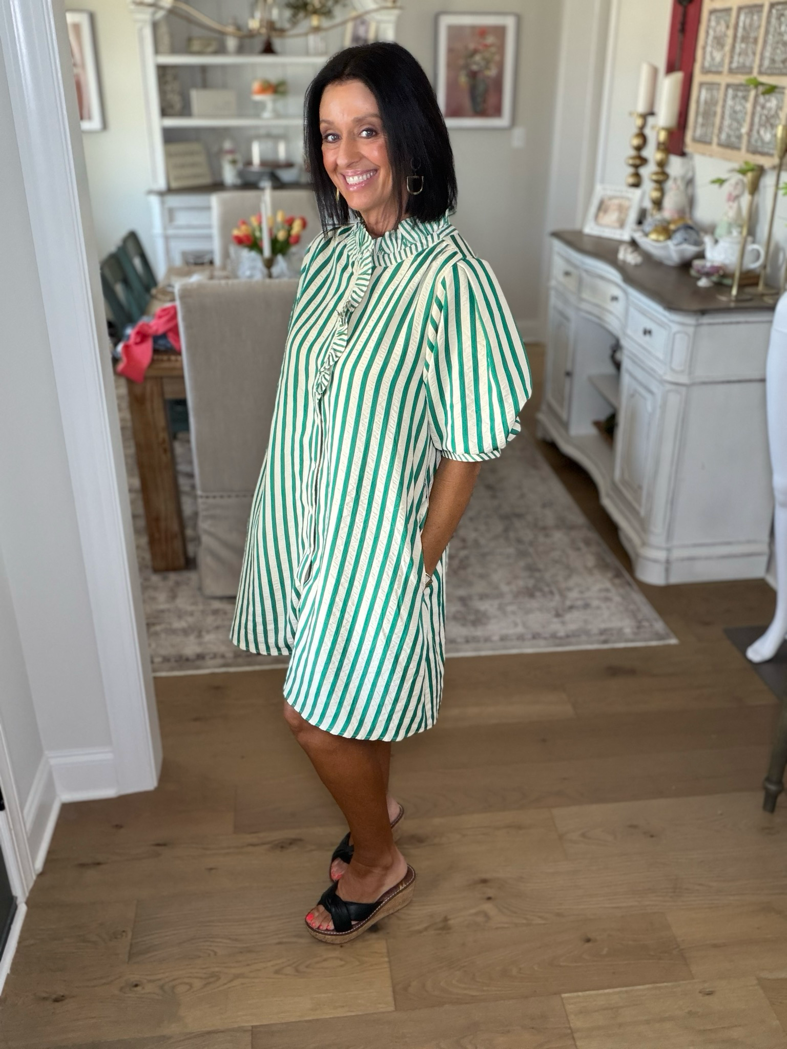 Green & Cream Stripe Ruffle Shirtdress