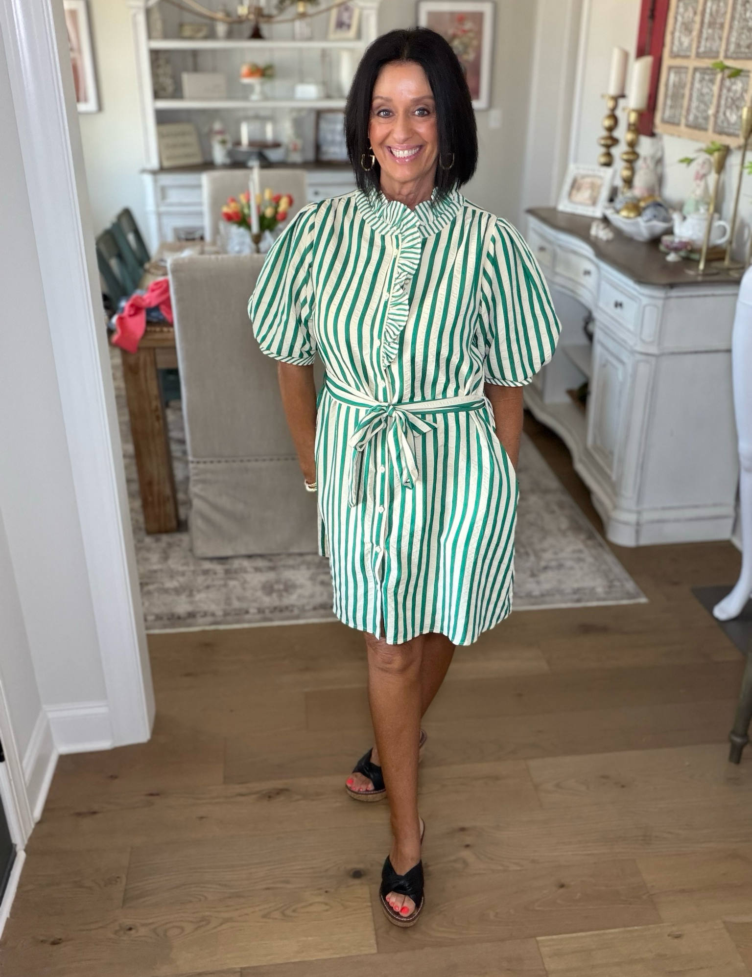 Green & Cream Stripe Ruffle Shirtdress
