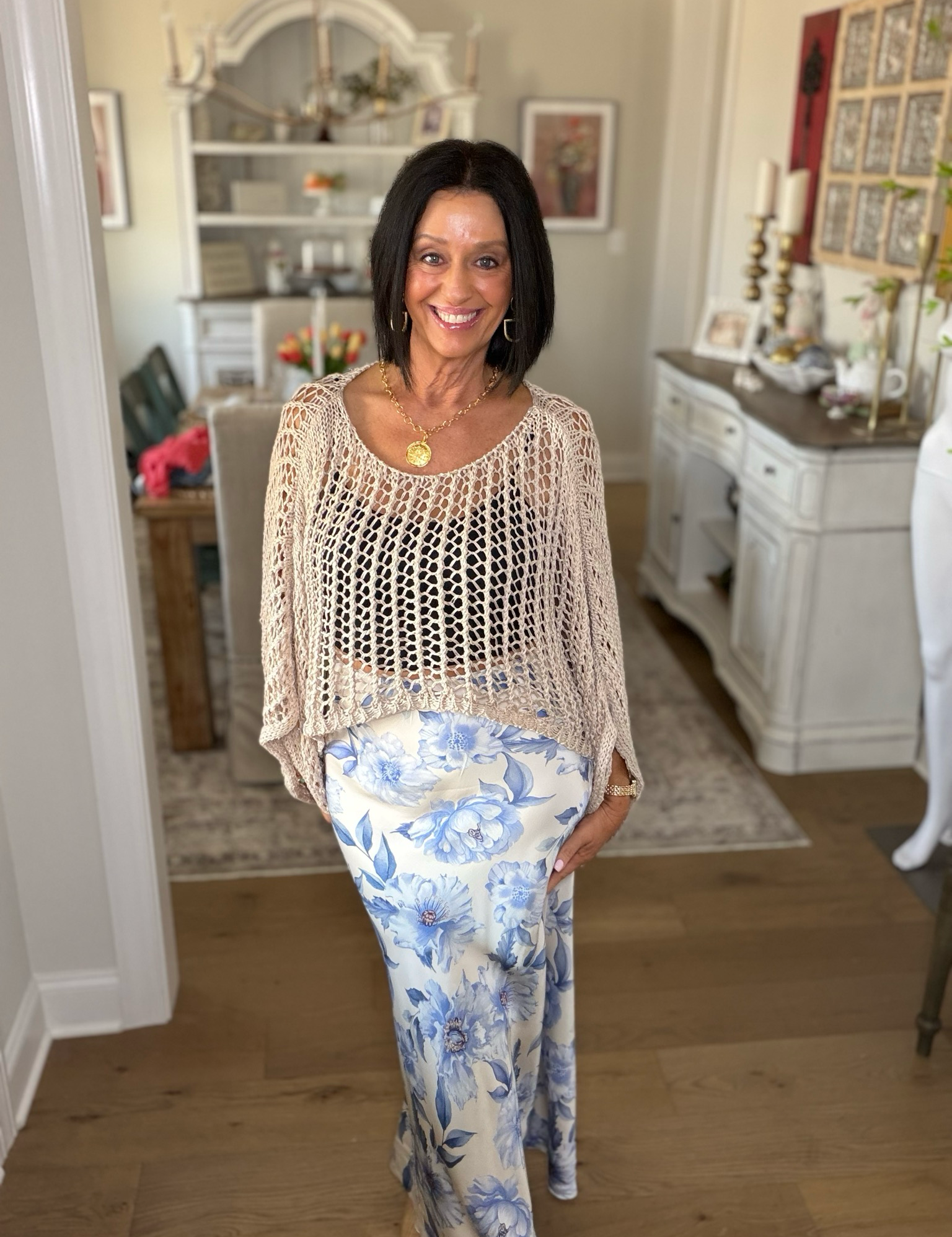Taupe Coastal Crochet Open Knit Top