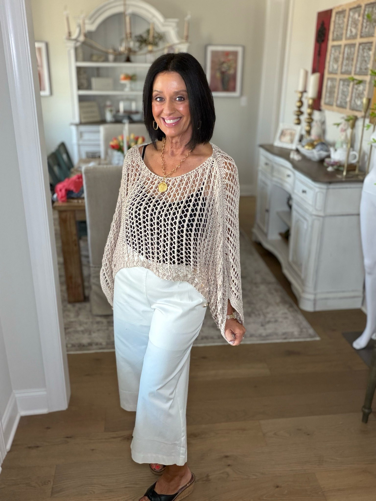 Taupe Coastal Crochet Open Knit Top