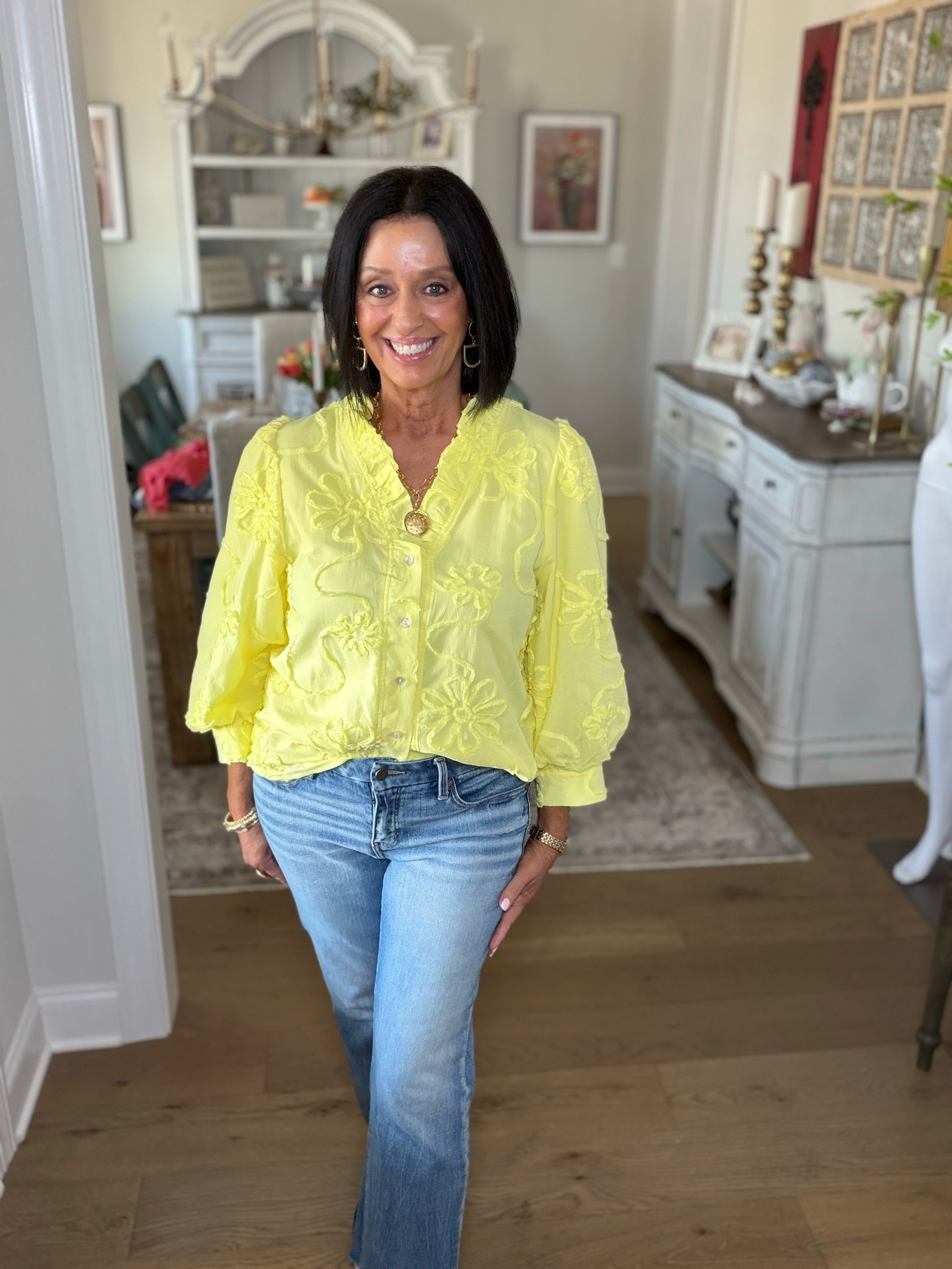 Yellow Floral Button Down Top