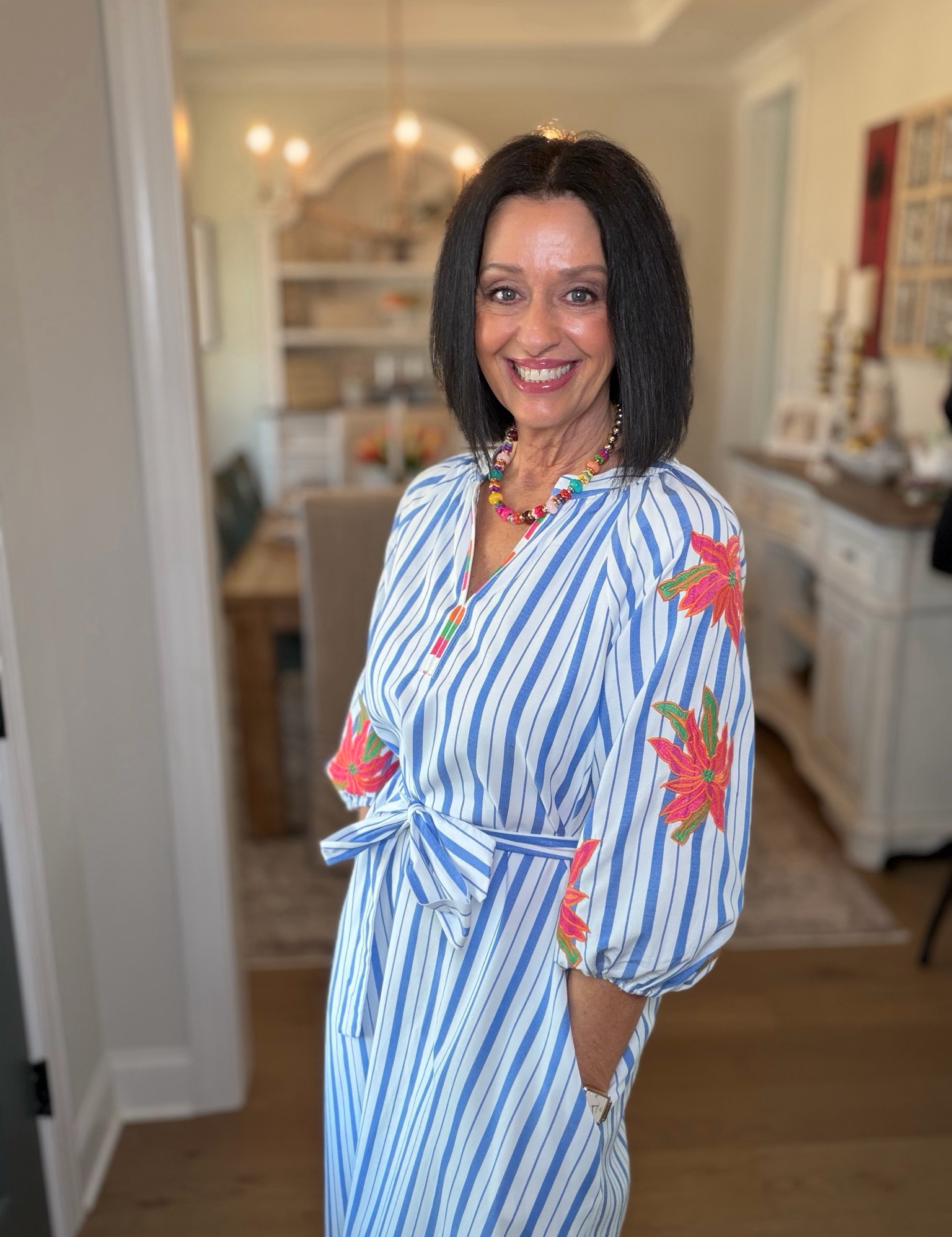 White Floral Blue Stripe Midi Dress