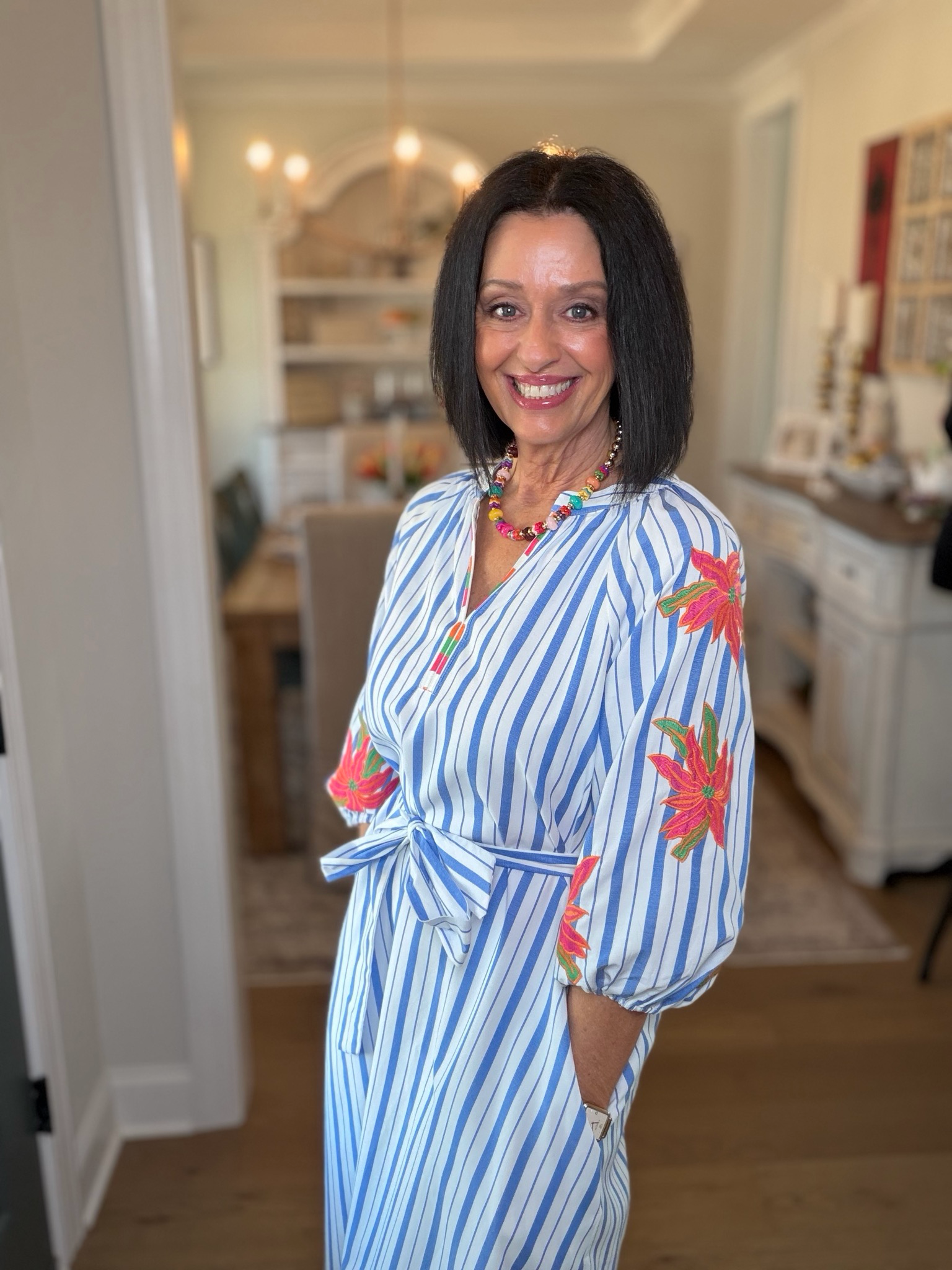 White Floral Blue Stripe Midi Dress