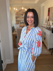 White Floral Blue Stripe Midi Dress