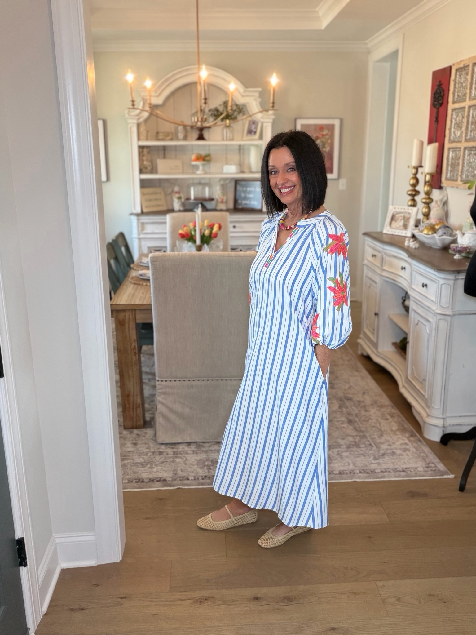 White Floral Blue Stripe Midi Dress
