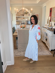 White Floral Blue Stripe Midi Dress