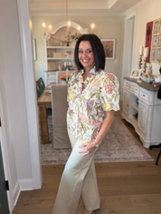 Entro Ecru Floral Ruffle Neckline Top