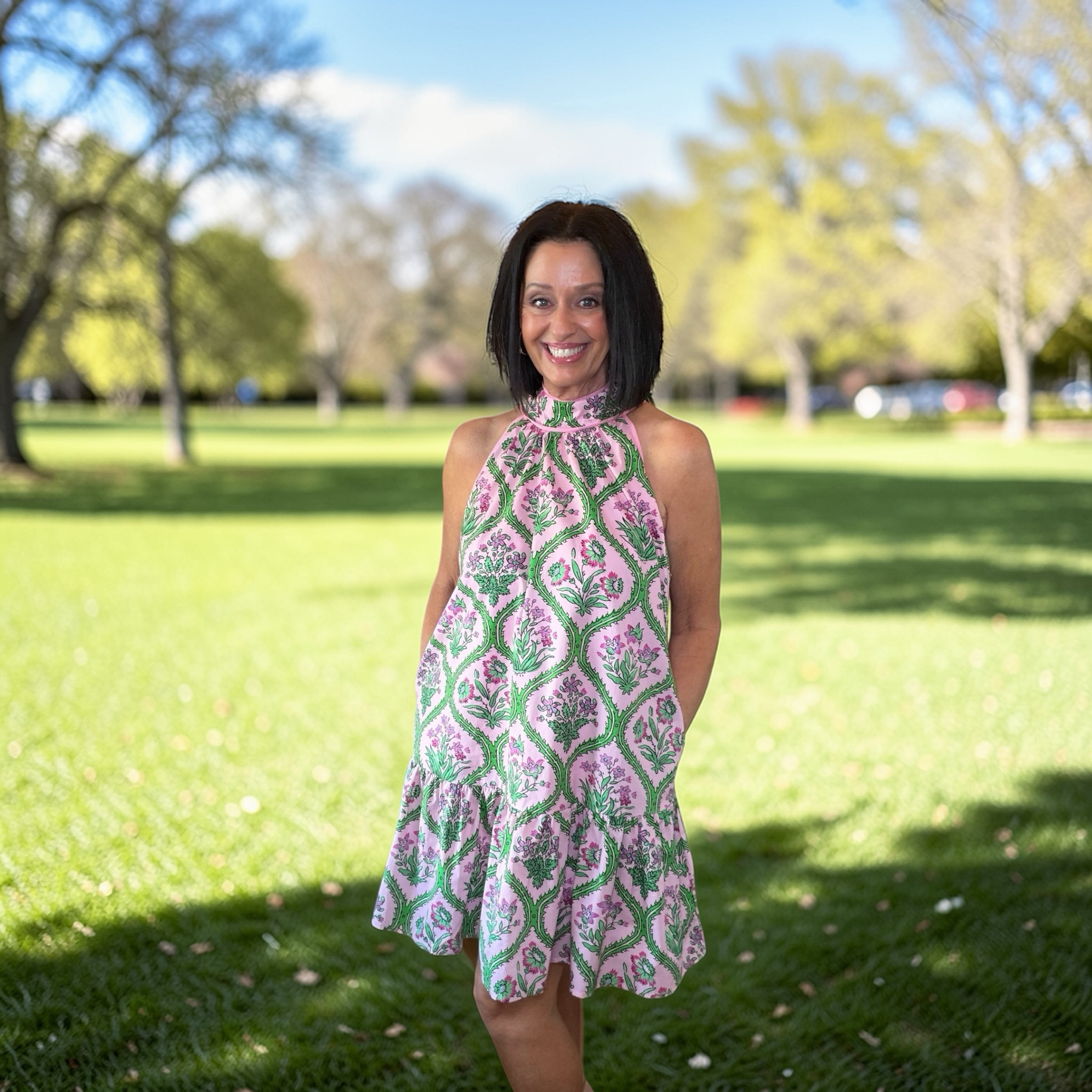 Green Floral Sleeveless Short Dress