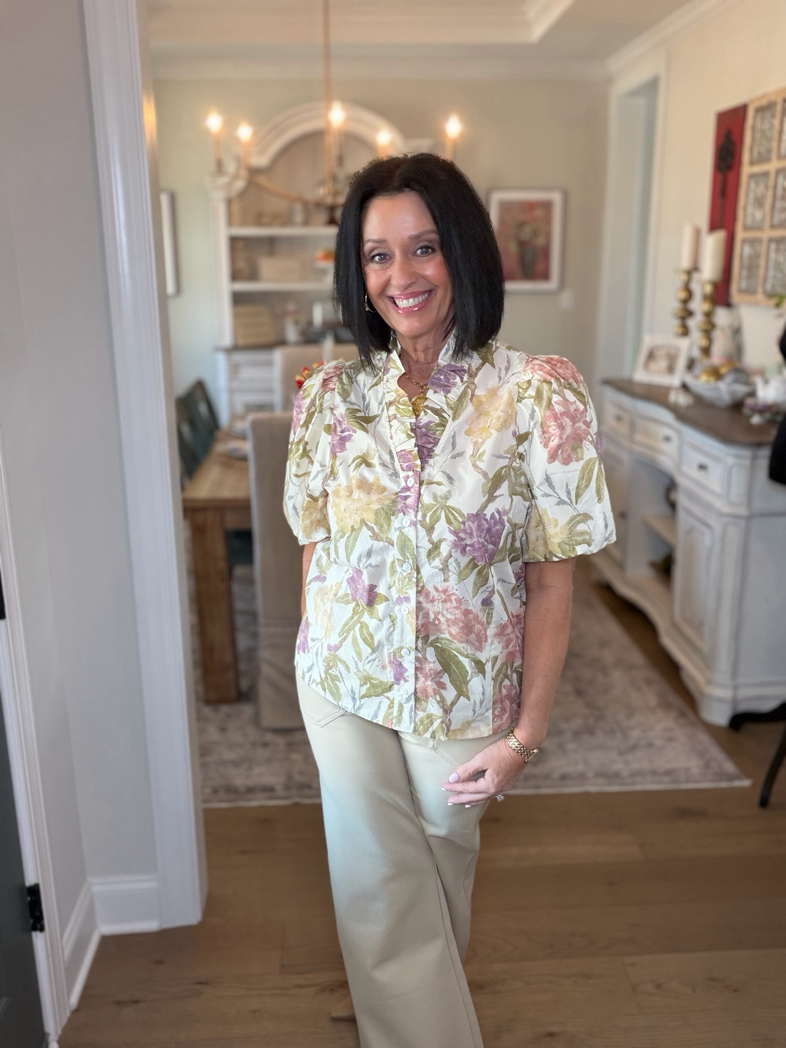 Entro Ecru Floral Ruffle Neckline Top