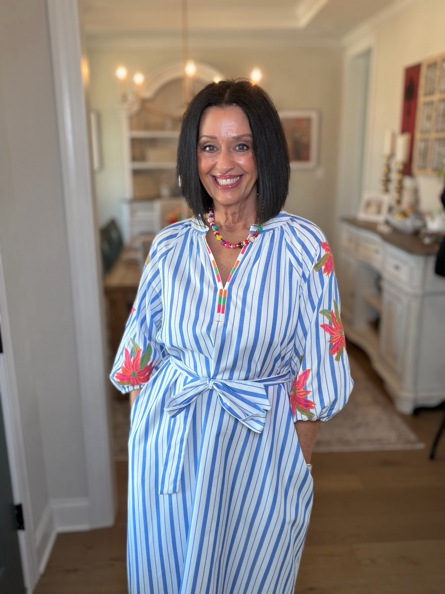 White Floral Blue Stripe Midi Dress