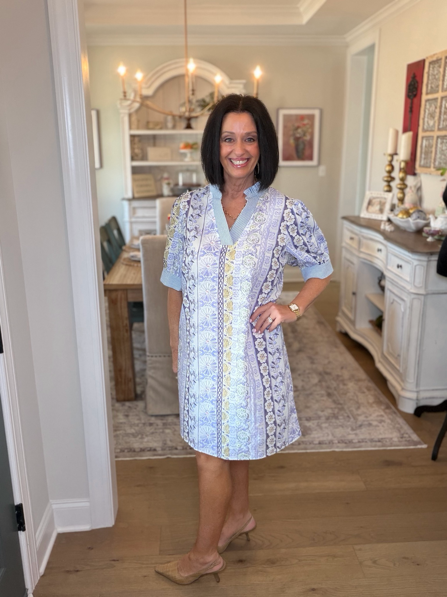 Blue Floral Stripe Short Dress